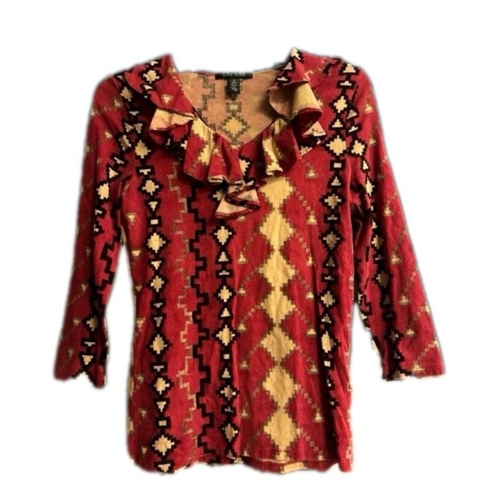 LAUREN RALPH LAUREN Aztec Southwest Cotton Ruffle Collar Blouse Women's Size‎ PL